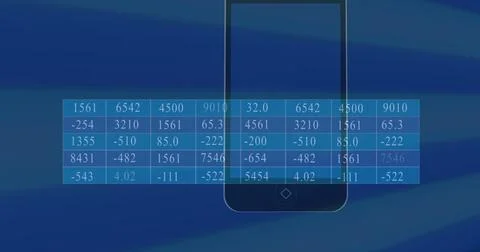 Image of smartphone icon and statistical data processing against blue background Stock Photos