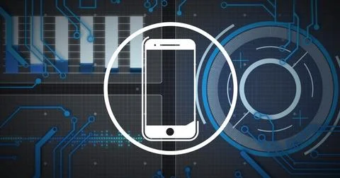 Image of smartphone icon, digital data processing over computer circuit board Illustrazione stock