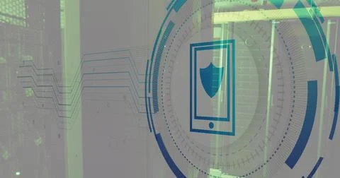 Image of smartphone icon over data processing and server room Stock Illustration