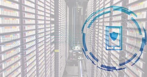 Image of smartphone icon over data processing and server room Illustrazione stock