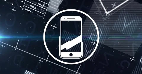Image of smartphone icon over data processing on black background Foto stock