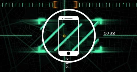Image of smartphone icon over data processing on black background 스톡 사진
