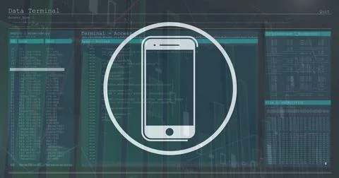 Image of smartphone icon over interface with statistical data processing on grey Stockillustratie