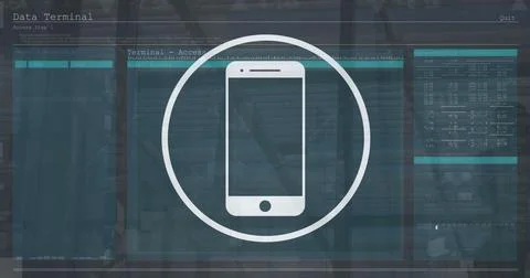 Image of smartphone icon over interface with data processing against people 스톡 사진