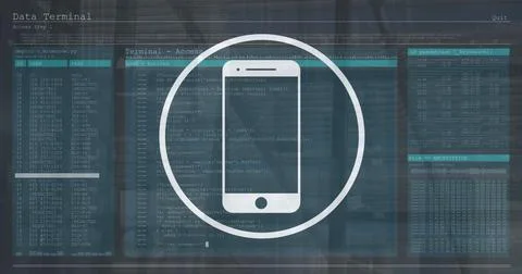 Image of smartphone icon over interface with data processing against people 스톡 사진
