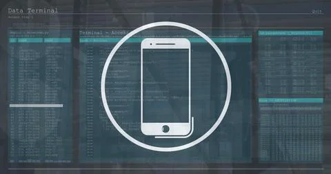 Image of smartphone icon over interface with data processing against people 库存照片