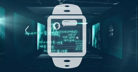 Image of smartwatch with ai text and mathematical data processing Stock Illustration