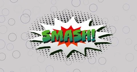 Image of smash text on retro speech bubble over black spots on grey backgroun Stock Photos