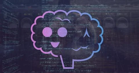 Image of smiling brains over computer language against cable Foto stock
