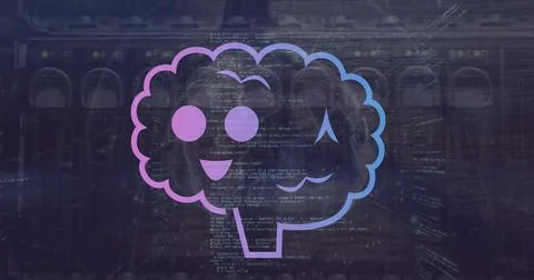 Image of smiling brains over computer language against cable 스톡 사진