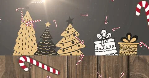 Image of snow and candy canes falling over christmas trees and presents on black Stock Illustration