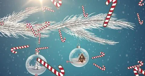 Image of snow candy cane falling over christmas decorations 库存插图