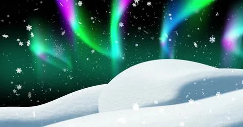 Image of snow falling and aurora borealis in christmas winter scenery background Stock Illustration