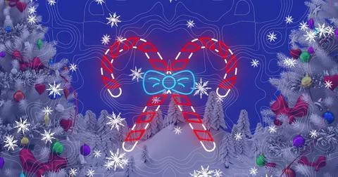 Image of snow falling and candy canes over christmas trees and winter landscape Stock Illustration