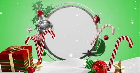 Image of snow falling and christmas decorations over circle with copy space on Illustrazione stock