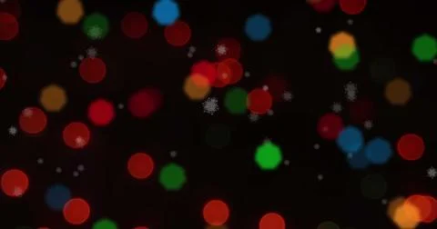 Image of snow falling and christmas fairy lights flickering over black Stock Illustration
