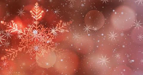 Image of snow falling and christmas fairy lights flickering over red background Stock Illustration