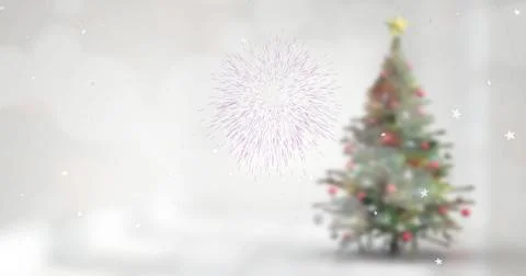 Image of snow falling and fireworks over christmas tree in winter scenery Ilustração Stock