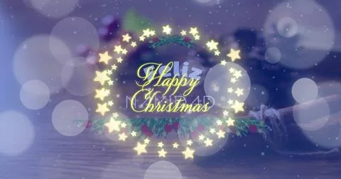 Image of snow falling and happy christmas text over fir trees Ilustração Stock