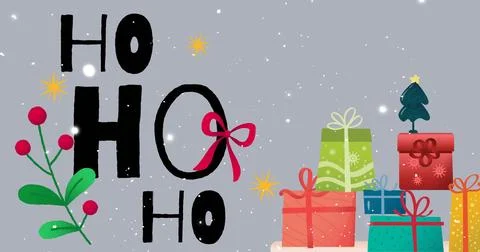 Image of snow falling and ho text over presents on grey background at christmas Stock Illustration