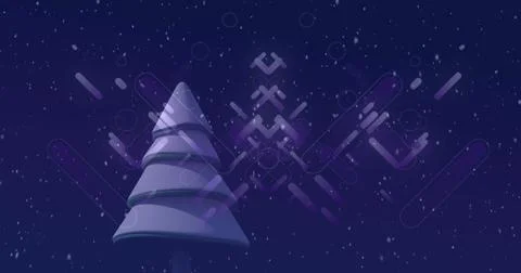 Image of snow falling and lines over tree on blue background 스톡 사진
