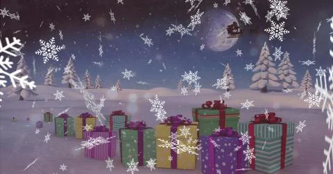 Image of snow falling and presents at christmas over santa in sleigh Stock Illustration