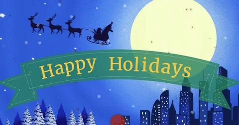 Image of snow falling and santa in sleigh over happy holidays text Ilustração Stock