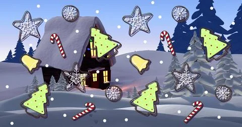 Image of snow falling and sweets at christmas over house Ilustração Stock