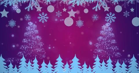 Image of snow falling christmas tree pattern on purple background Illustrazione stock