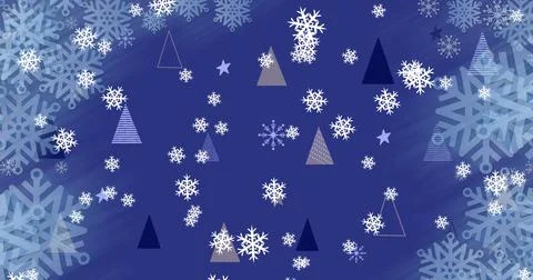 Image of snow falling christmas tree pattern on blue background Illustrazione stock