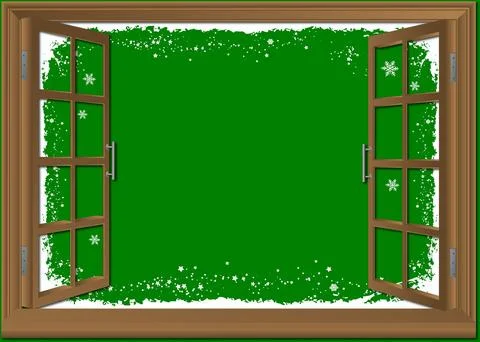Image of snow falling outside an open double window at christmas time 스톡 일러스트