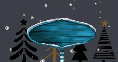 Image of snow falling over blue signpost Ilustração Stock