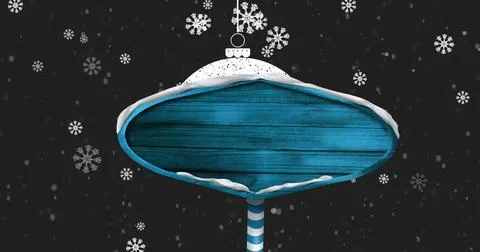 Image of snow falling over blue signpost Ilustração Stock
