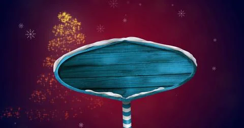 Image of snow falling over blue signpost Ilustração Stock