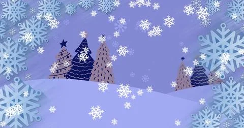 Image of snow falling over christmas tree pattern on blue background Stock Illustration
