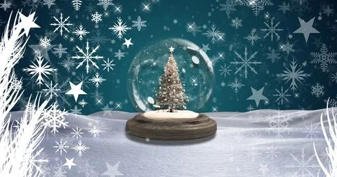 Image of snow falling over christmas tree Ilustração Stock