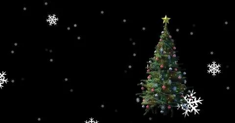 Image of snow falling over christmas tree on dark background Stock Illustration