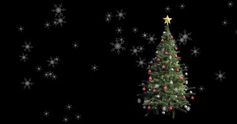 Image of snow falling over christmas tree on dark background Stock Illustration