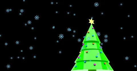 Image of snow falling over christmas tree on dark background Stock Illustration