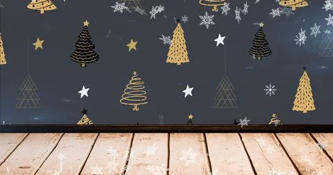 Image of snow falling over christmas trees and decorations on black background Illustrazione stock