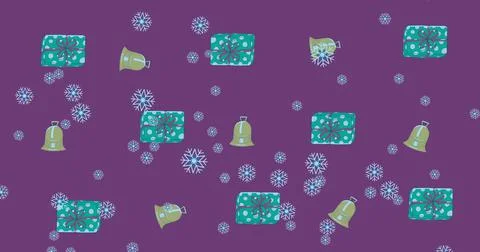 Image of snow falling over christmas pattern with bells and presents on purple Illustrazione stock