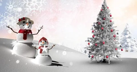 Image of snow falling over christmas tree and snowmen Ilustração Stock