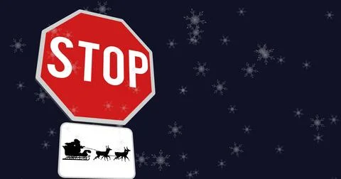 Image of snow falling over christmas road sign on black background Ilustração Stock