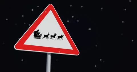 Image of snow falling over christmas road sign on black background Ilustração Stock