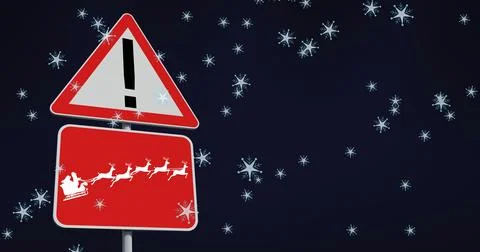 Image of snow falling over christmas road sign on black background Ilustração Stock