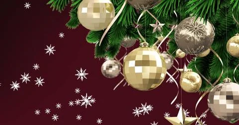 Image of snow falling over christmas decoration on burgundy background Stock Illustration