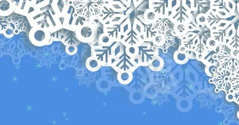 Image of snow falling over christmas decorations on blue background Ilustração Stock