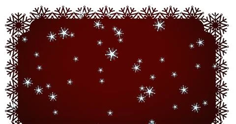 Image of snow falling over christmas decorations on burgundy background Stockillustratie
