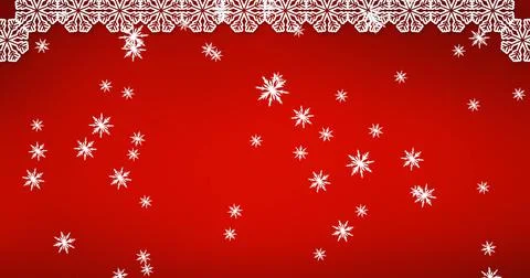 Image of snow falling over christmas decorations on red background Stock Illustration