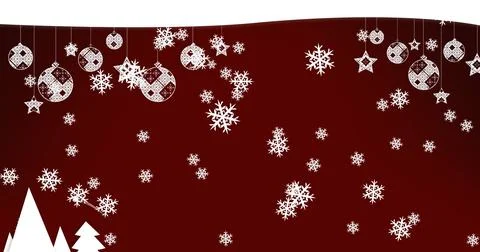 Image of snow falling over christmas decorations on burgundy background Stockillustratie
